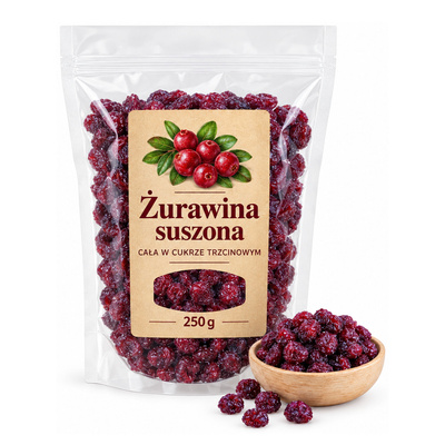 Żurawina suszona cała w cukrze trzcinowym 250g