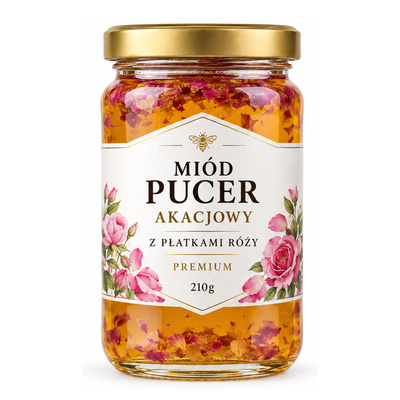 MIÓD PUCER AKACJOWY Z PŁATKAMI RÓŻY PREMIUM 210g