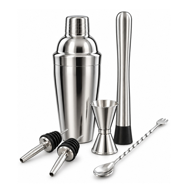 Zestaw barmański 6 elementów - shaker Cobbler 550 ml srebrny