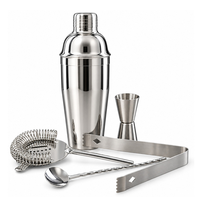 Zestaw barmański 5 elementów - shaker Cobbler 550 ml srebrny