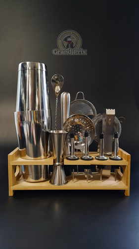 Zestaw barmański 14 elementów z podstawką srebrny shaker Tin on tin