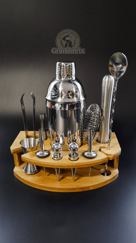 Zestaw barmański 12 elementów z okrągłą podstawką srebrny shaker Cobbler